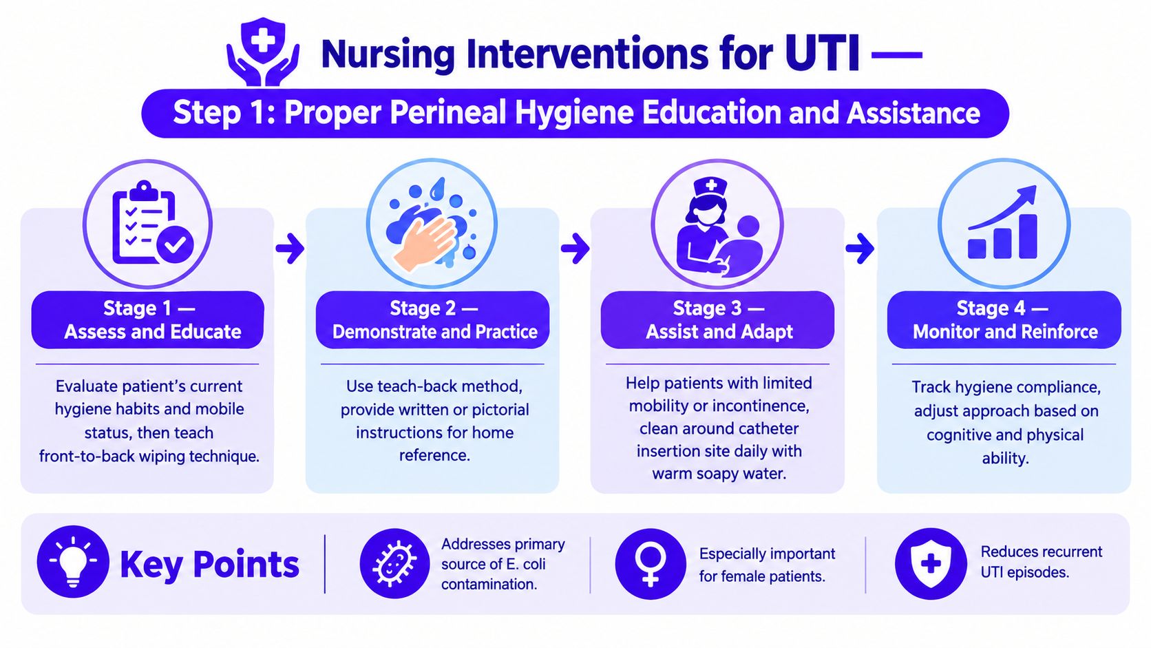 An infographic showing a four-stage nursing intervention process for preventing urinary tract infections through perineal hygiene.