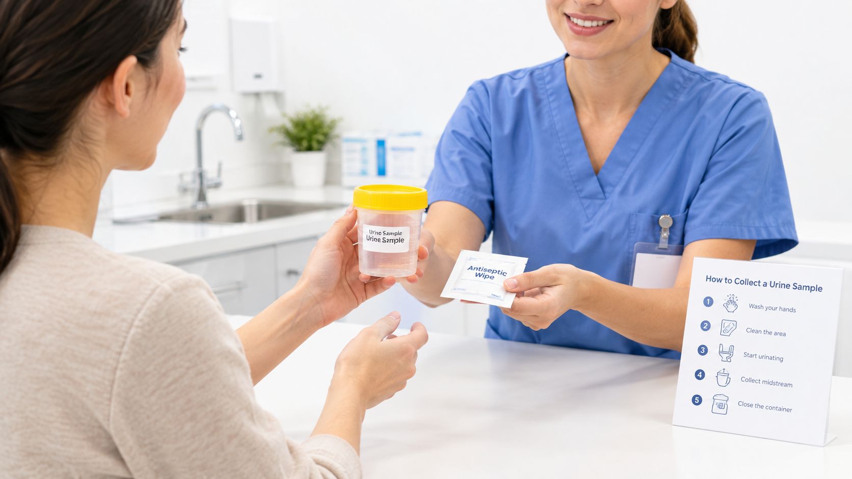 A smiling healthcare professional handing a urine sample container and an antiseptic wipe to a female patient.