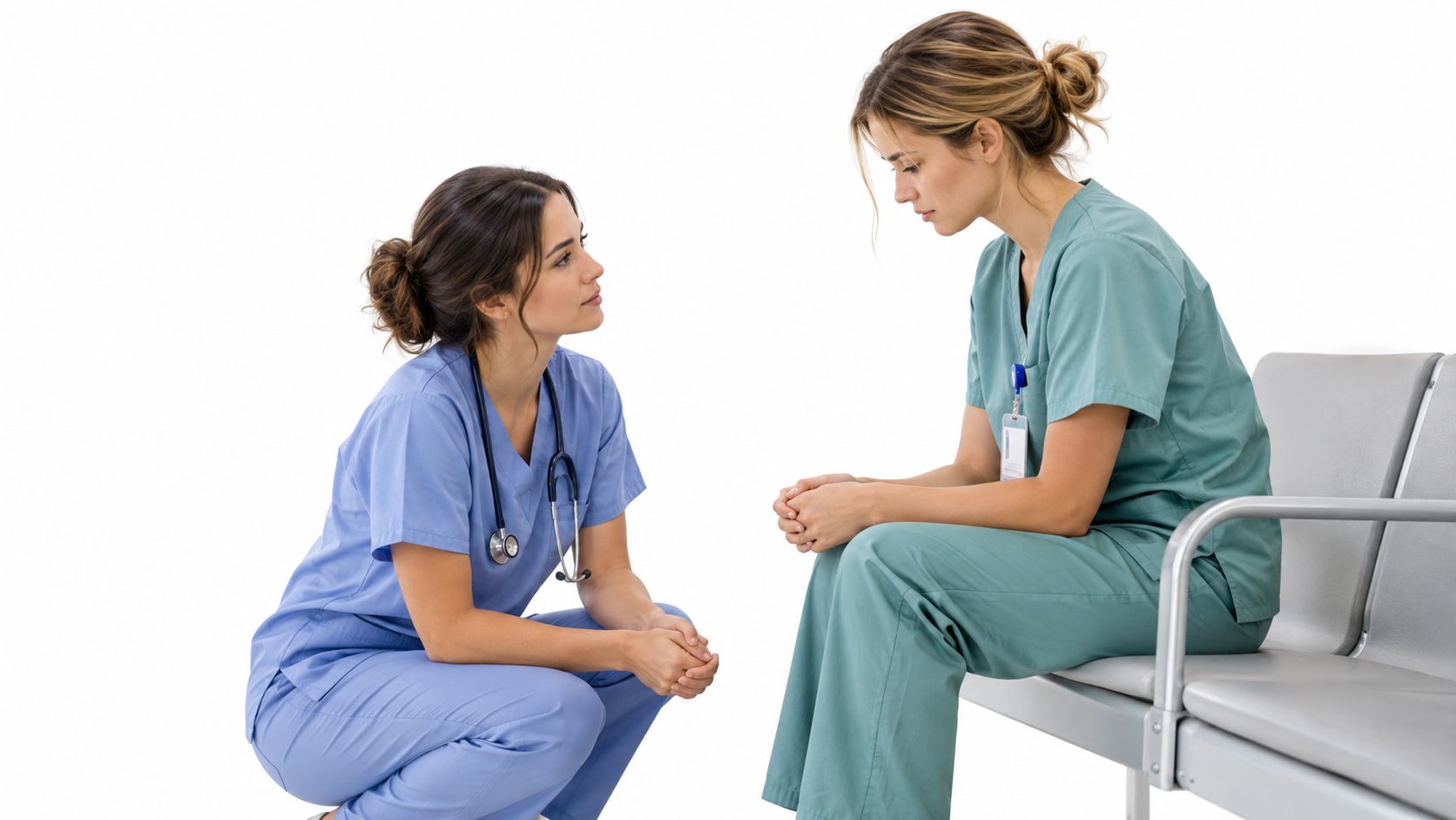 A caring nurse kneels and talks with a stressed colleague sitting on a hospital waiting room chair.