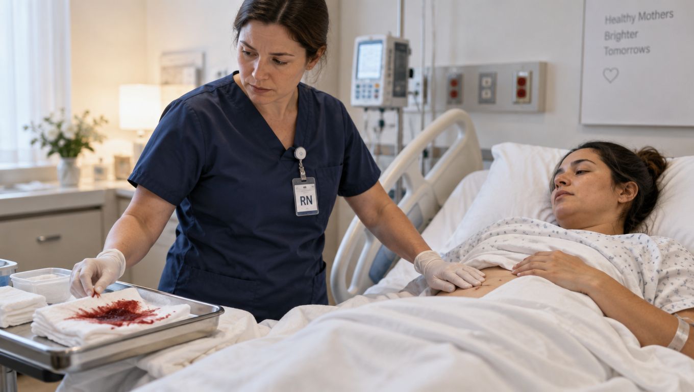 A nurse attending to a postpartum patient in a hospital room, examining medical supplies and bleeding gauze.
