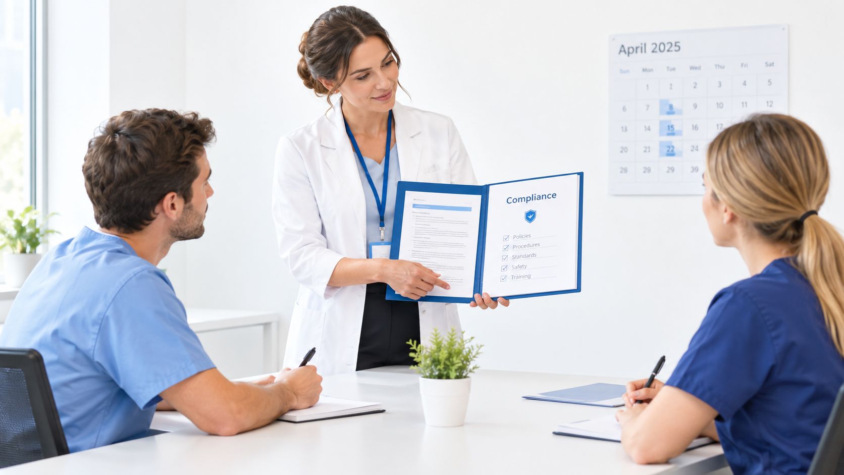 A female instructor in a white coat conducting a professional compliance training session for two healthcare staff members.