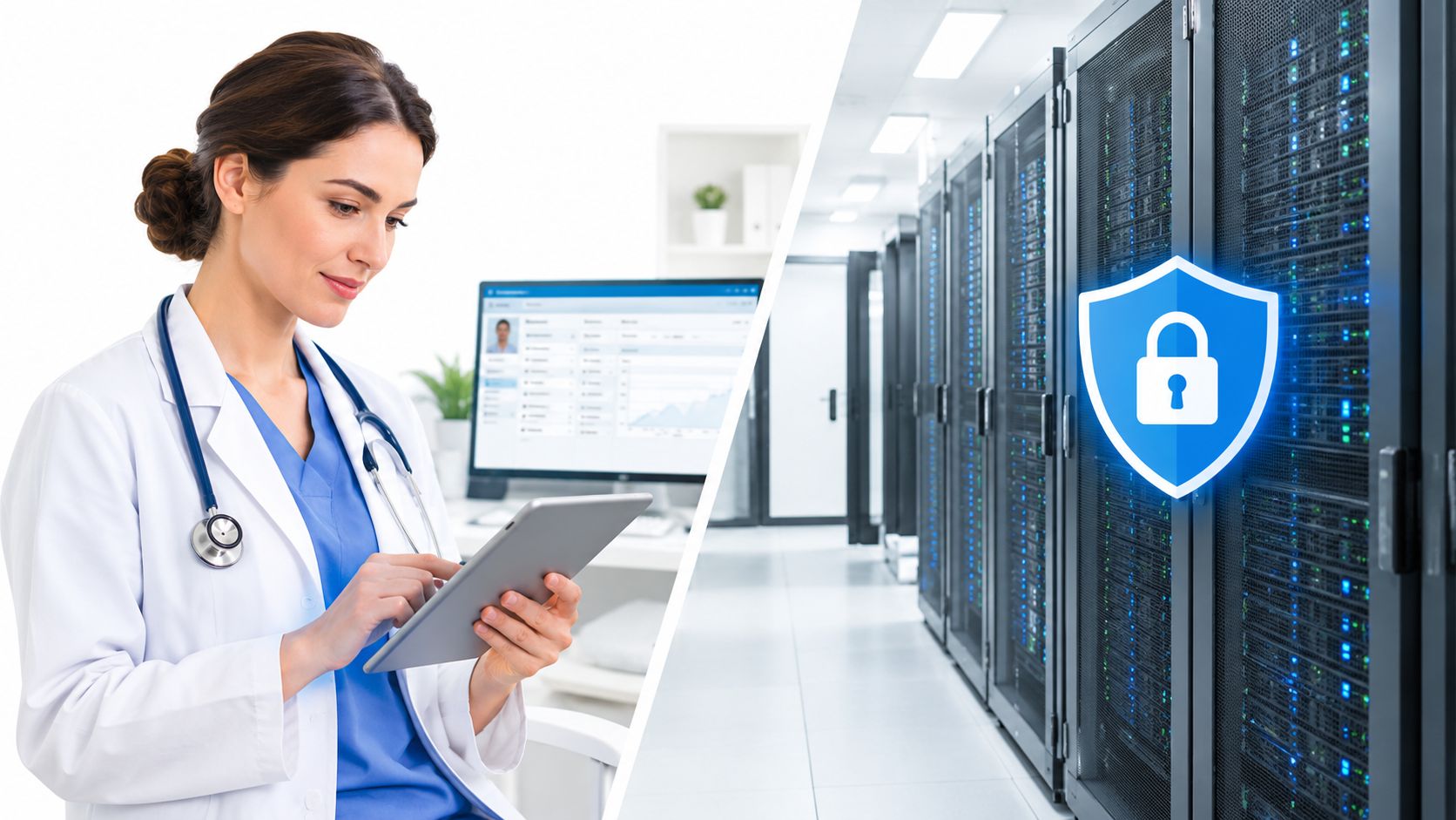 A female doctor reviewing medical data on a digital tablet with a secure server background.