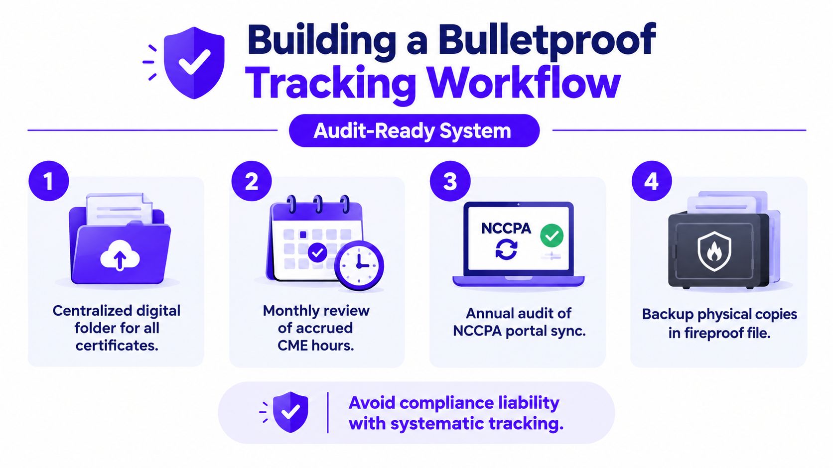 A four-step graphic guide for physician assistants to build an audit-ready CME tracking workflow for compliance.