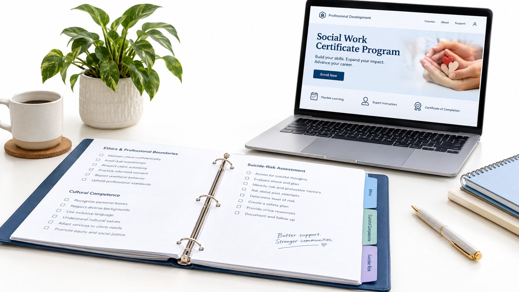 An open binder on a desk showing social work study notes next to a laptop and plant.