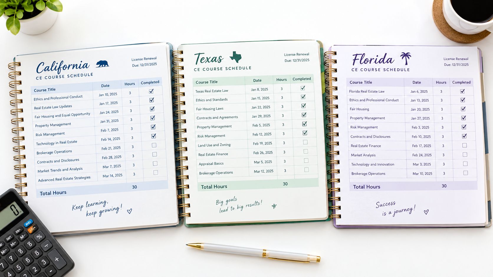 Three open planners showing CE course schedules for California, Texas, and Florida with a pen and calculator.