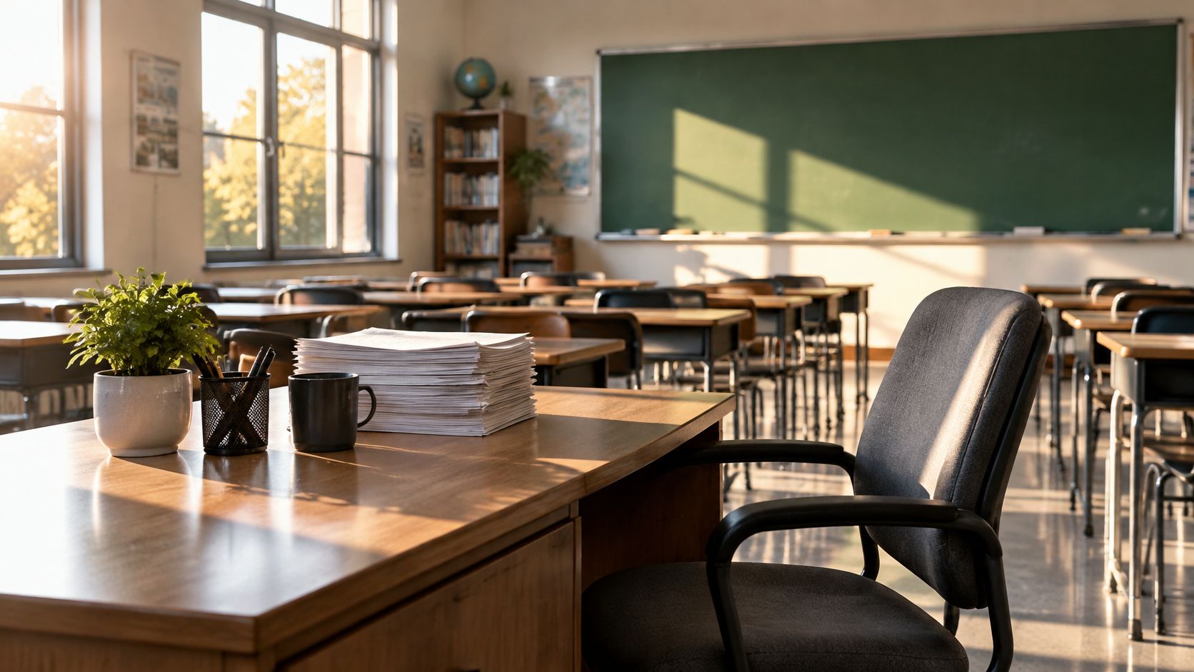 A quiet, sunlit classroom featuring a teacher's desk with a stack of papers and an empty chair.