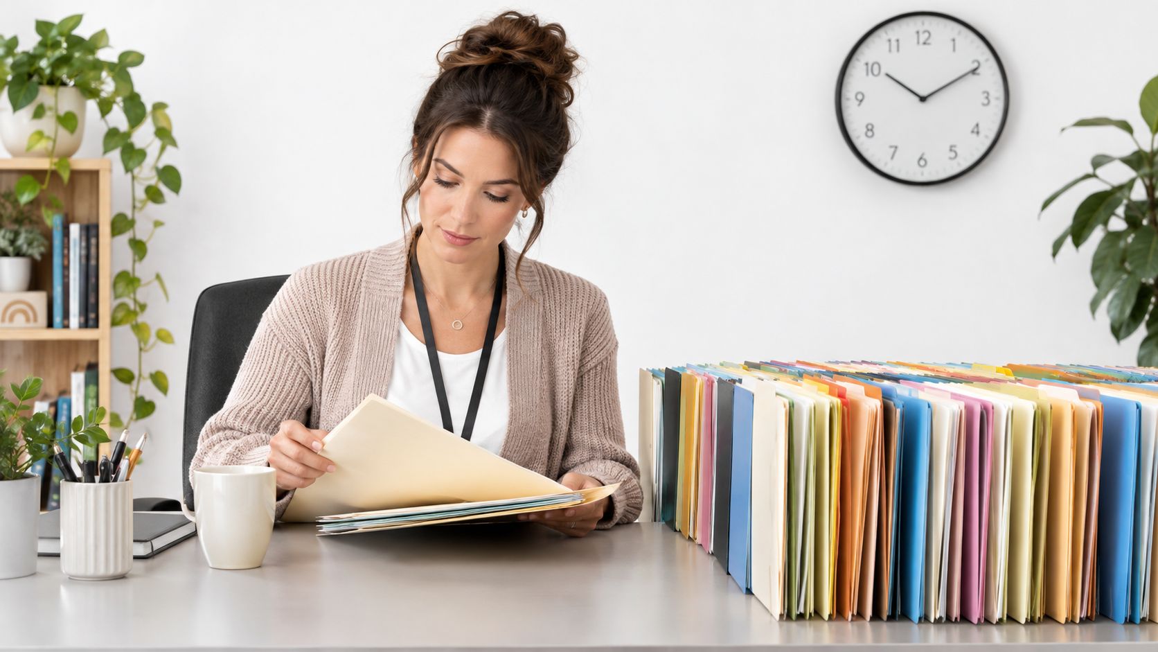 A professional woman organizing a large stack of colorful file folders on her office desk.