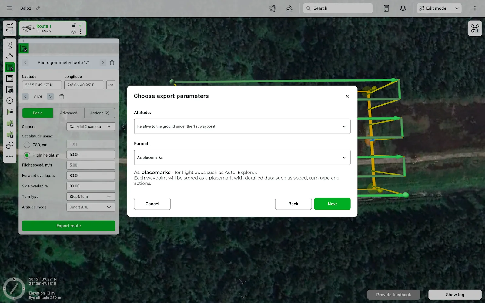 How to Choose export parameters for Export the route as KML from UgCS for Litchi