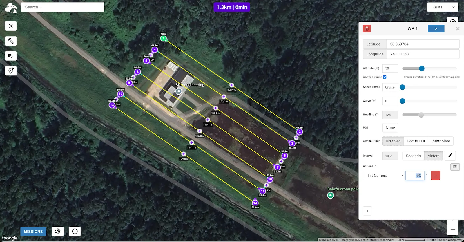 How to Check and adjust drone  route settings of UgCS mission for Litchi - (Optional) Add Tilt Camera: -90° at first waypoint.