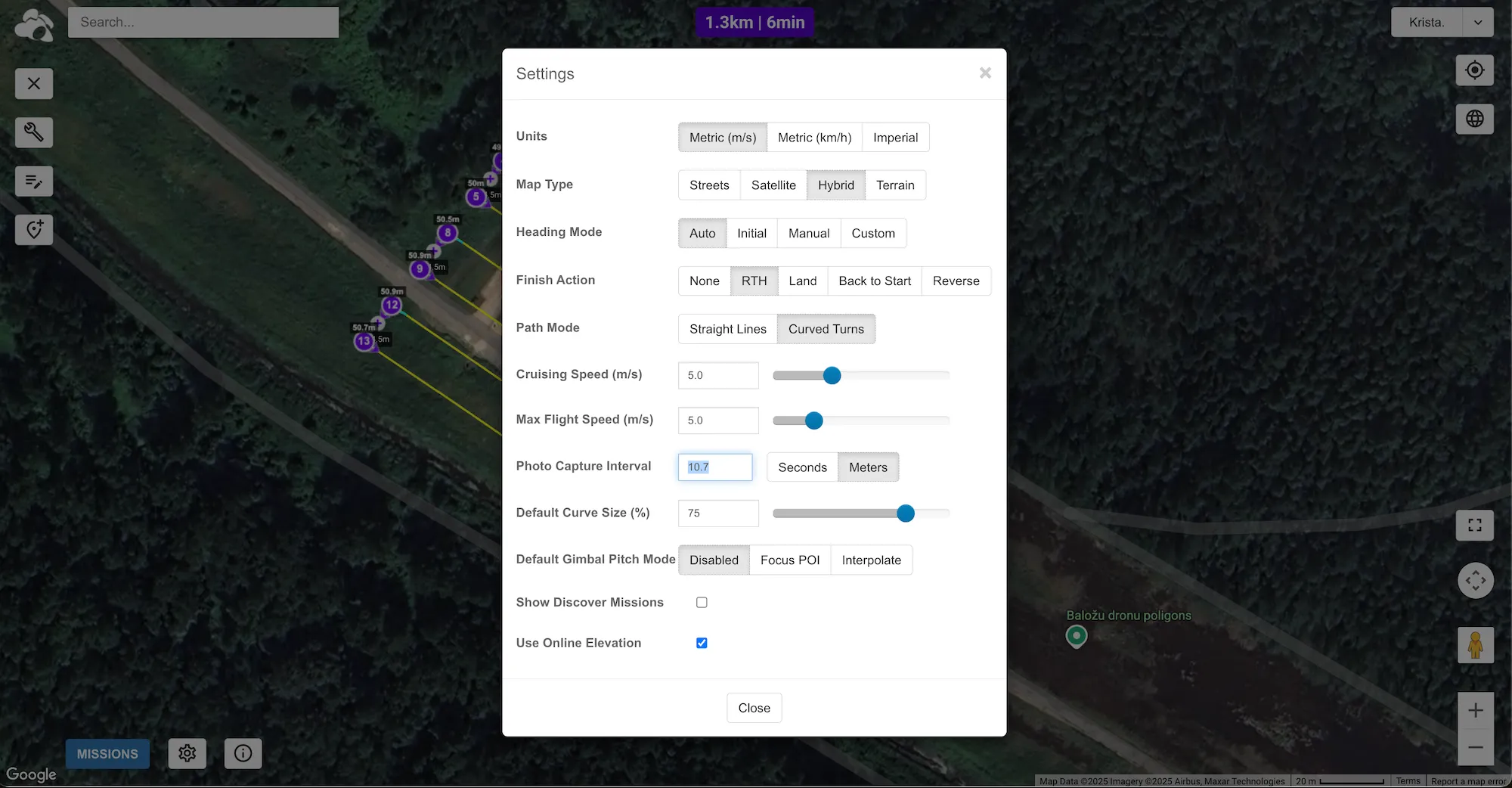 How to Check and adjust drone  route settings of UgCS mission for Litchi - Adjust photo interval, speed, heading mode (Auto), enable Use Online Elevation.