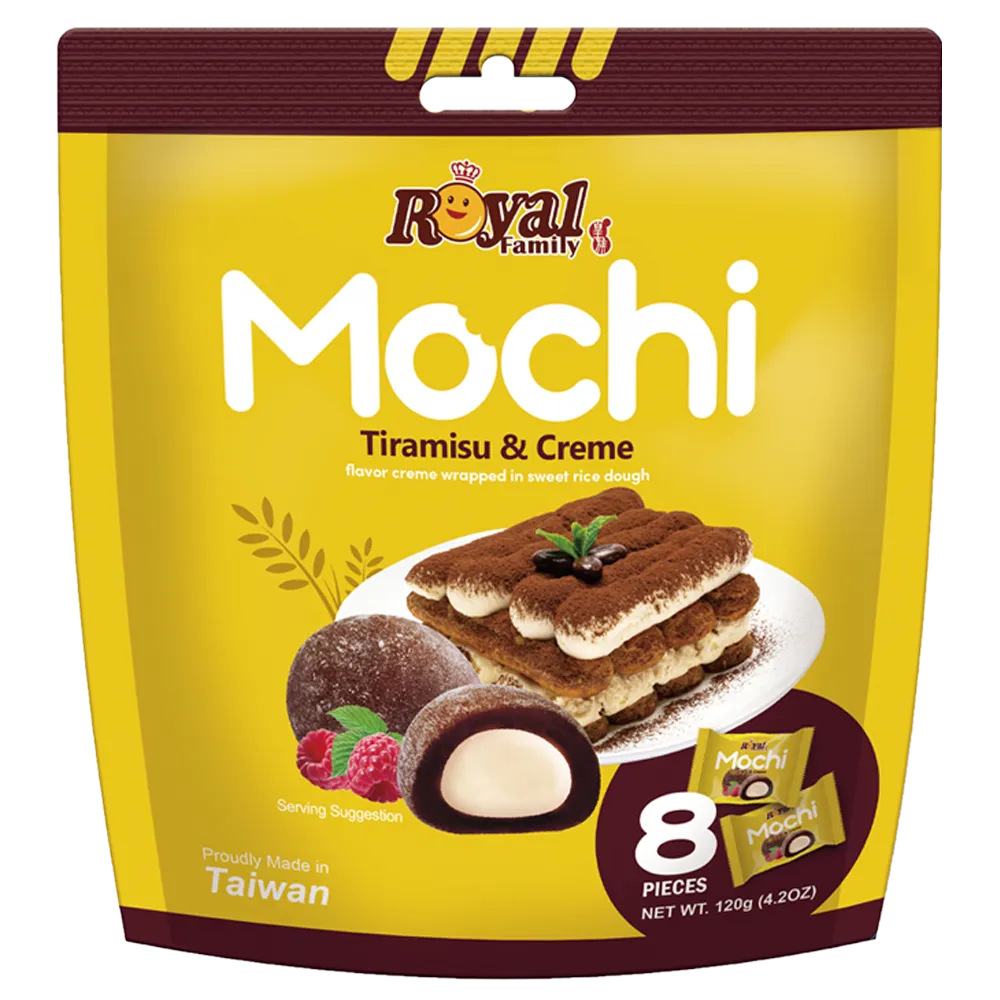 A bag of Royal Family mochi with Tiramisu & Creme flavor