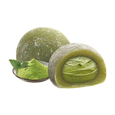 a cross-section of a creamy matcha latte mochi