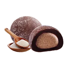 a cross-section of a salted caramel mochi