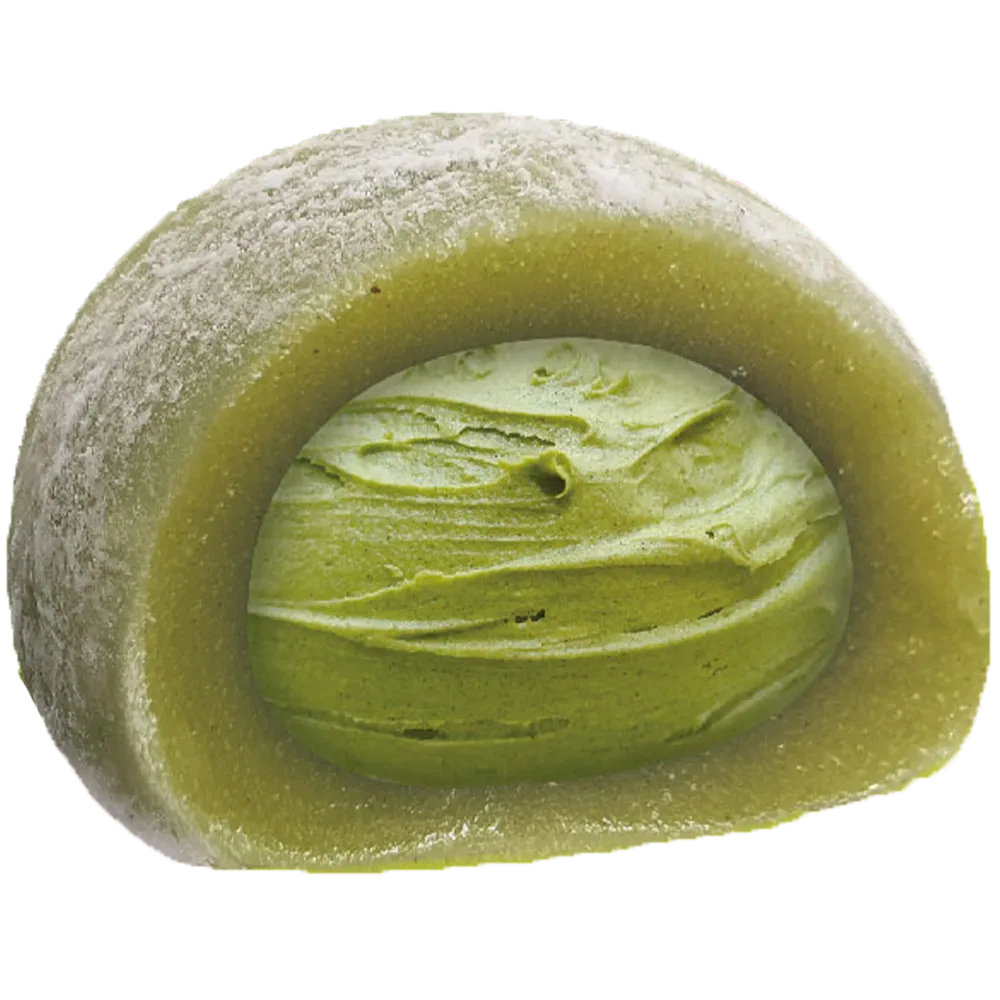 a cross-section of a creamy matcha latte mochi