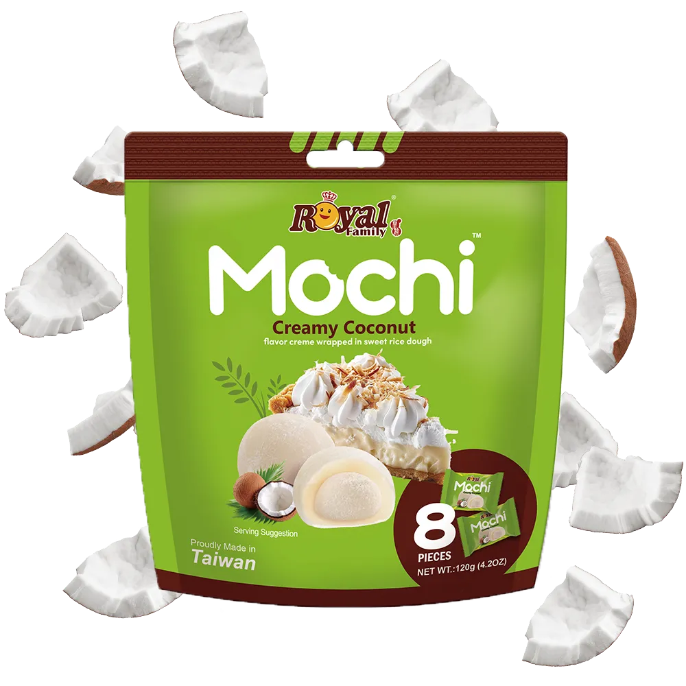 Royal Family Creamy Coconut mochi surrounded by pieces of coconut.