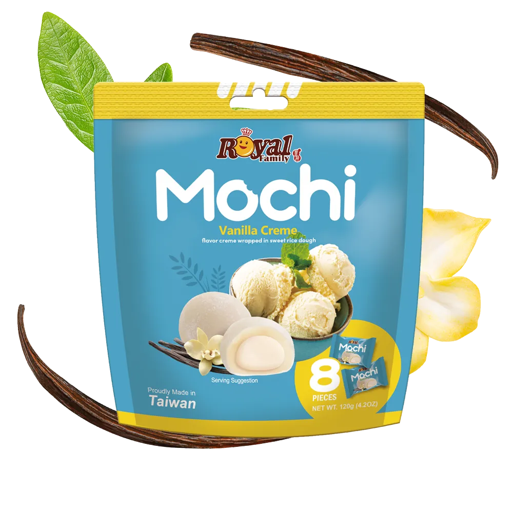 Royal Family Vanilla Creme mochi surrounded by vanilla sticks.