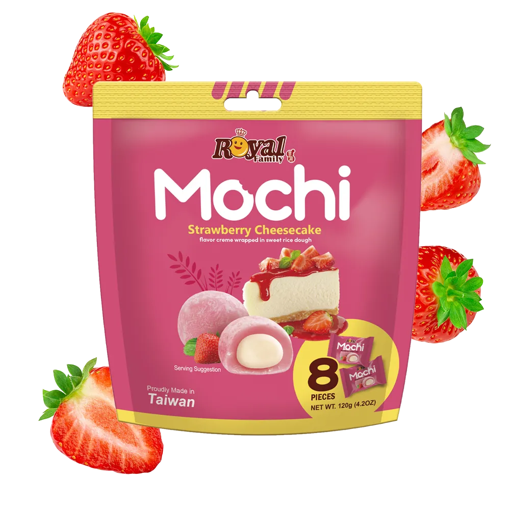 Royal Family Strawberry Cheesecake mochi surrounded by strawberries.