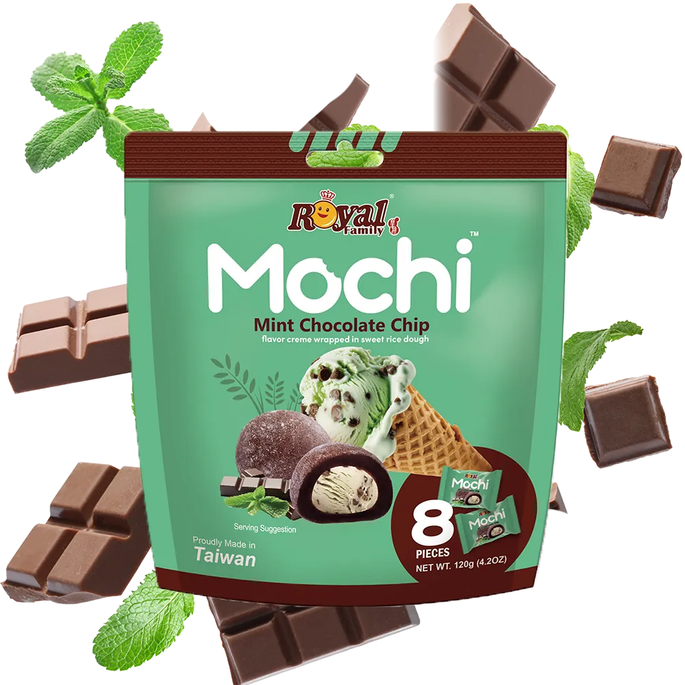 A product image of Royal Family's Creamy Matcha Latte mochi with mint and chocolate surrounding it.