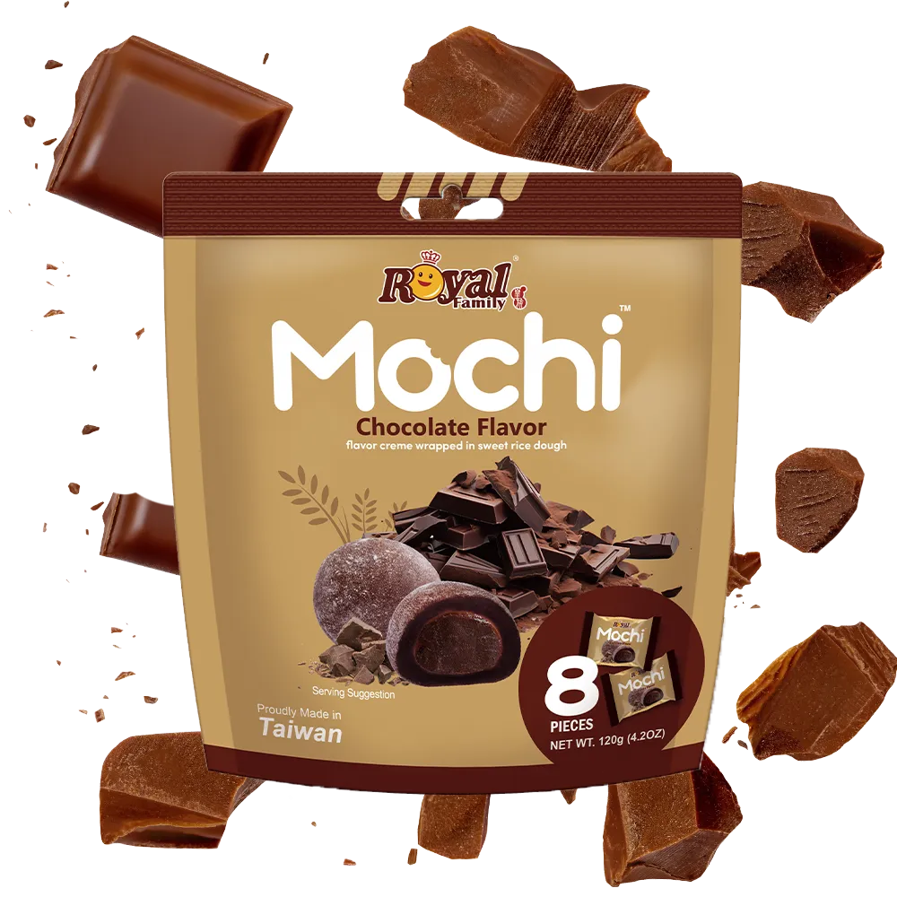 A product image of Royal Family's Chocolate flavor mochi with pieces of chocolate next to it.