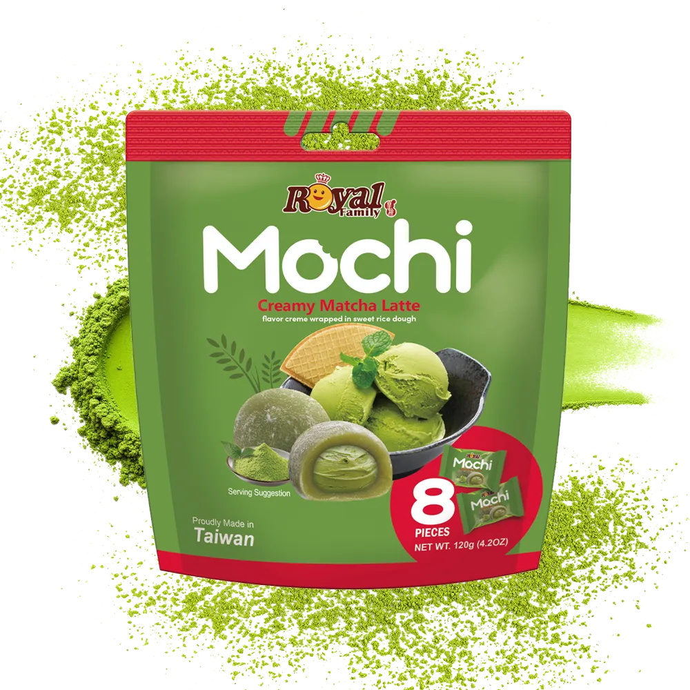 Royal Family Creamy Matcha Latte mochi surrounded by matcha powder.