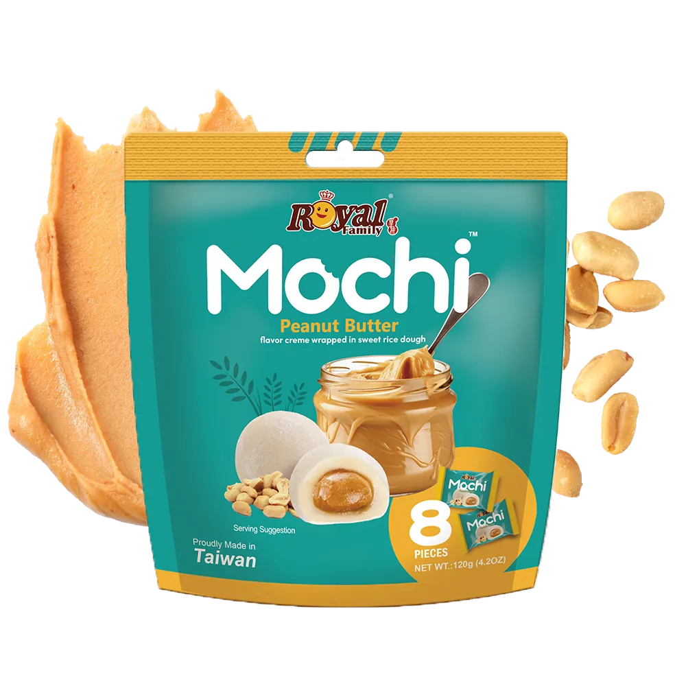 A product image of Royal Family's Peanut Butter mochi with peanuts next it.