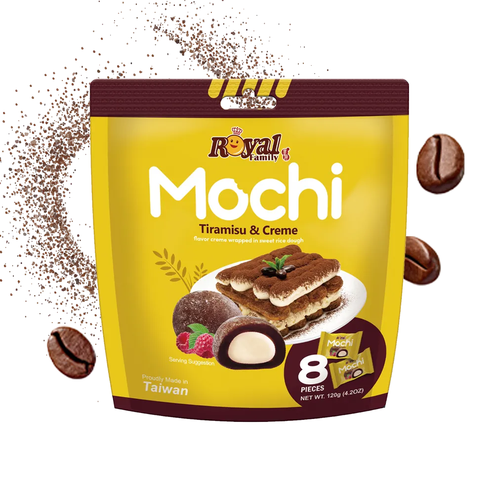 Royal FamilyTiramisu & Creme mochi surrounded by coffee beans.