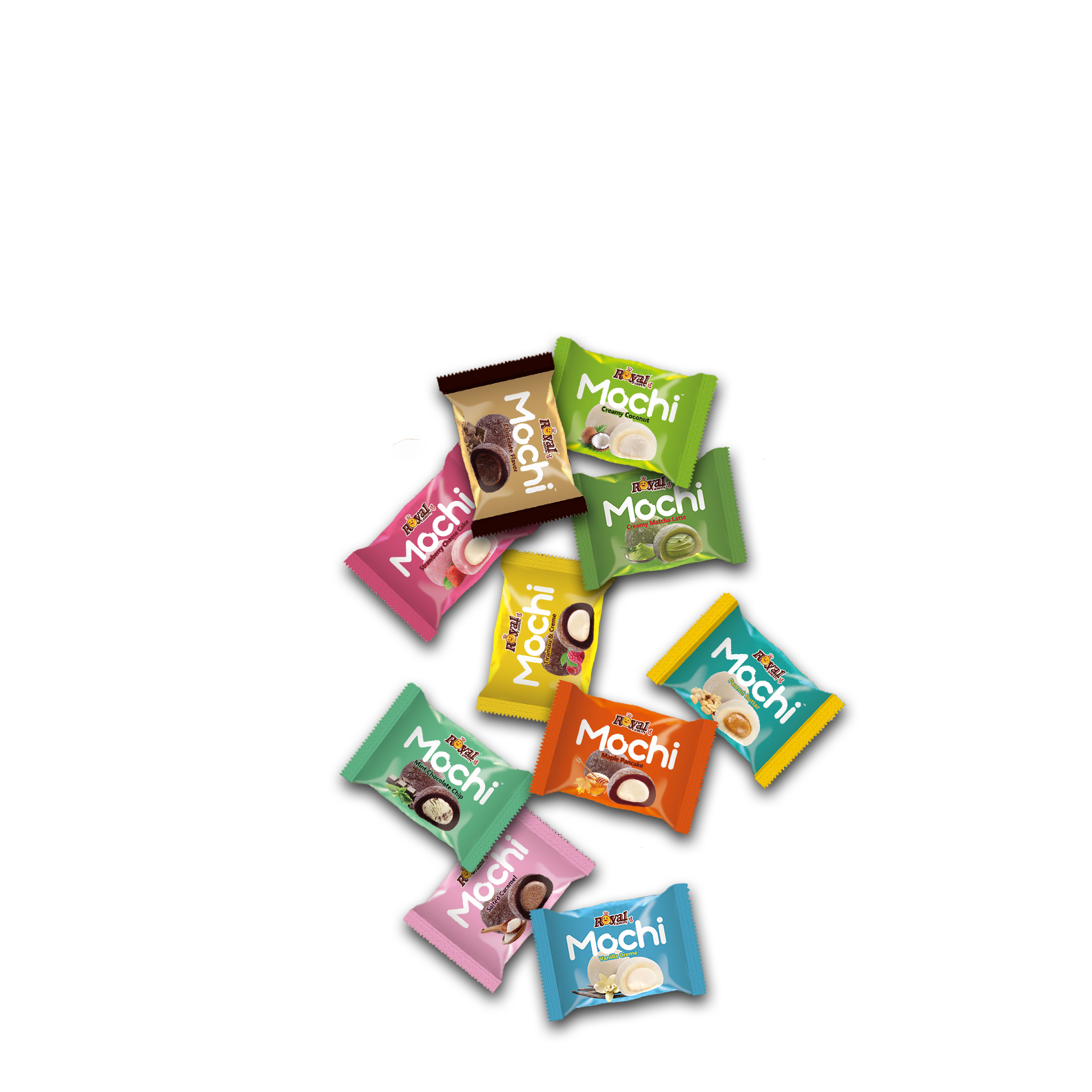 A stack of different flavors of mochi bags.