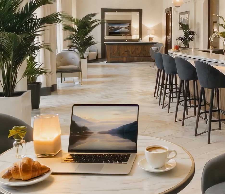 A hotel lobby with laptop