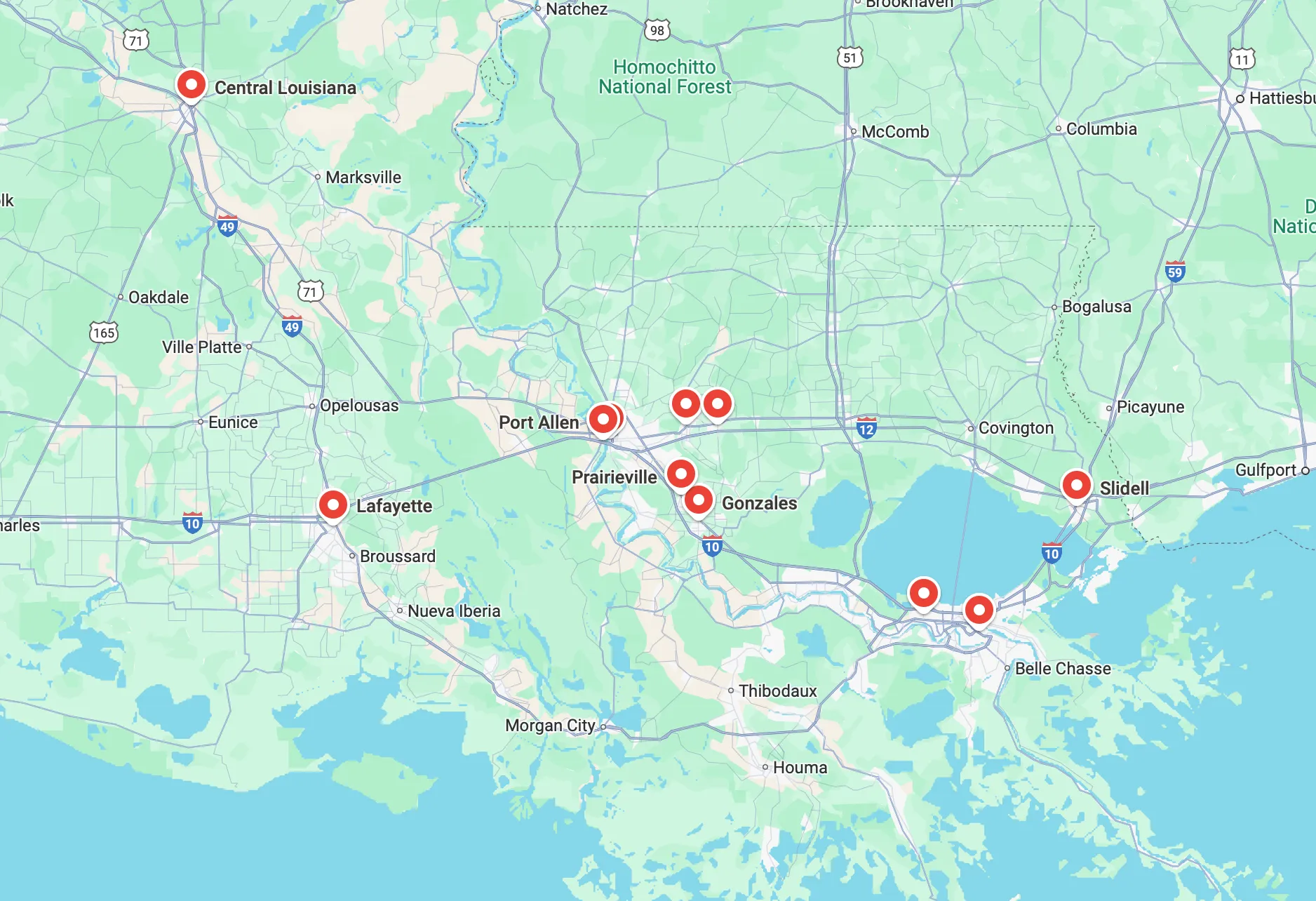Map of Louisiana showing multiple red markers around Baton Rouge area