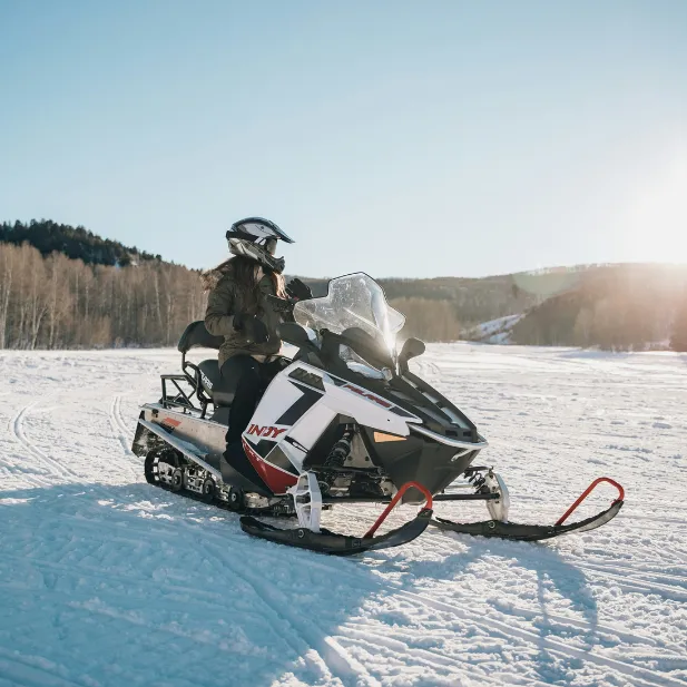 Snowmobile outing near Combloux, in a snow-covered Alpine landscape.