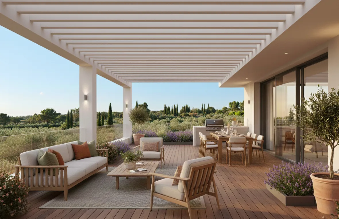 Modern outdoor patio with wooden furniture including a sofa, chairs, coffee table, dining table, and a built-in grill under a white pergola with scenic greenery beyond.