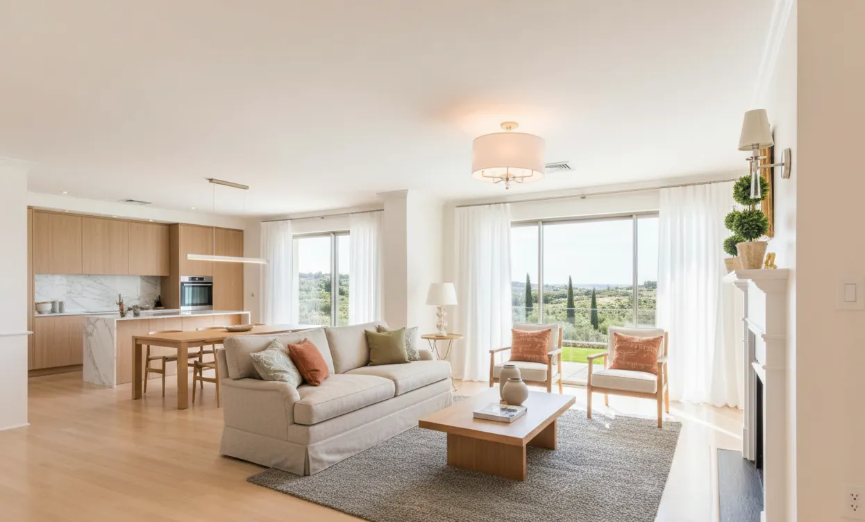 Bright open-plan living room and kitchen with neutral tones, beige sofa, wooden dining table, large windows with white curtains, and a view of greenery outside.