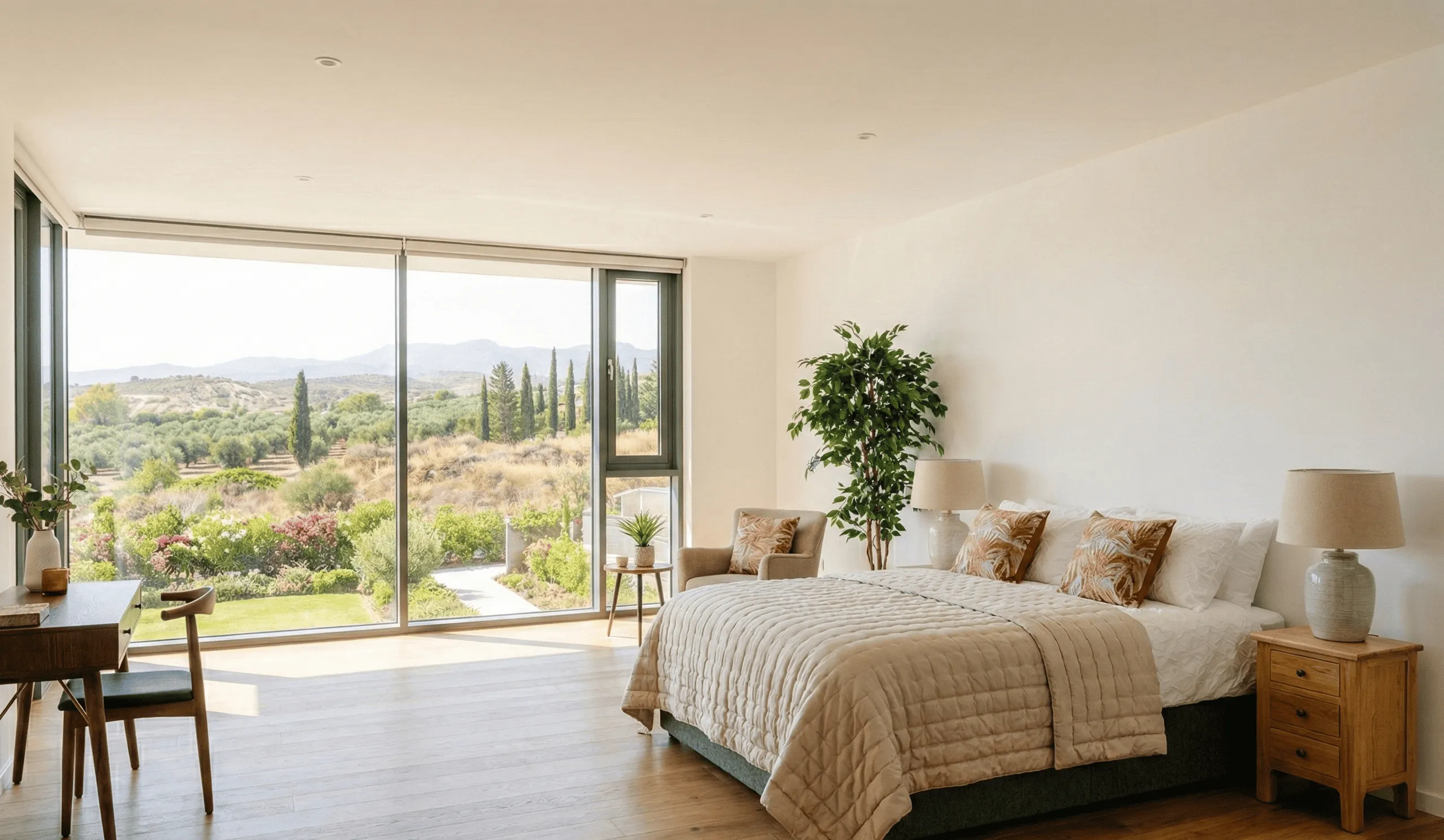 Bright bedroom with a large bed, beige quilt, patterned pillows, wooden furniture, and floor-to-ceiling windows overlooking a garden and hills.