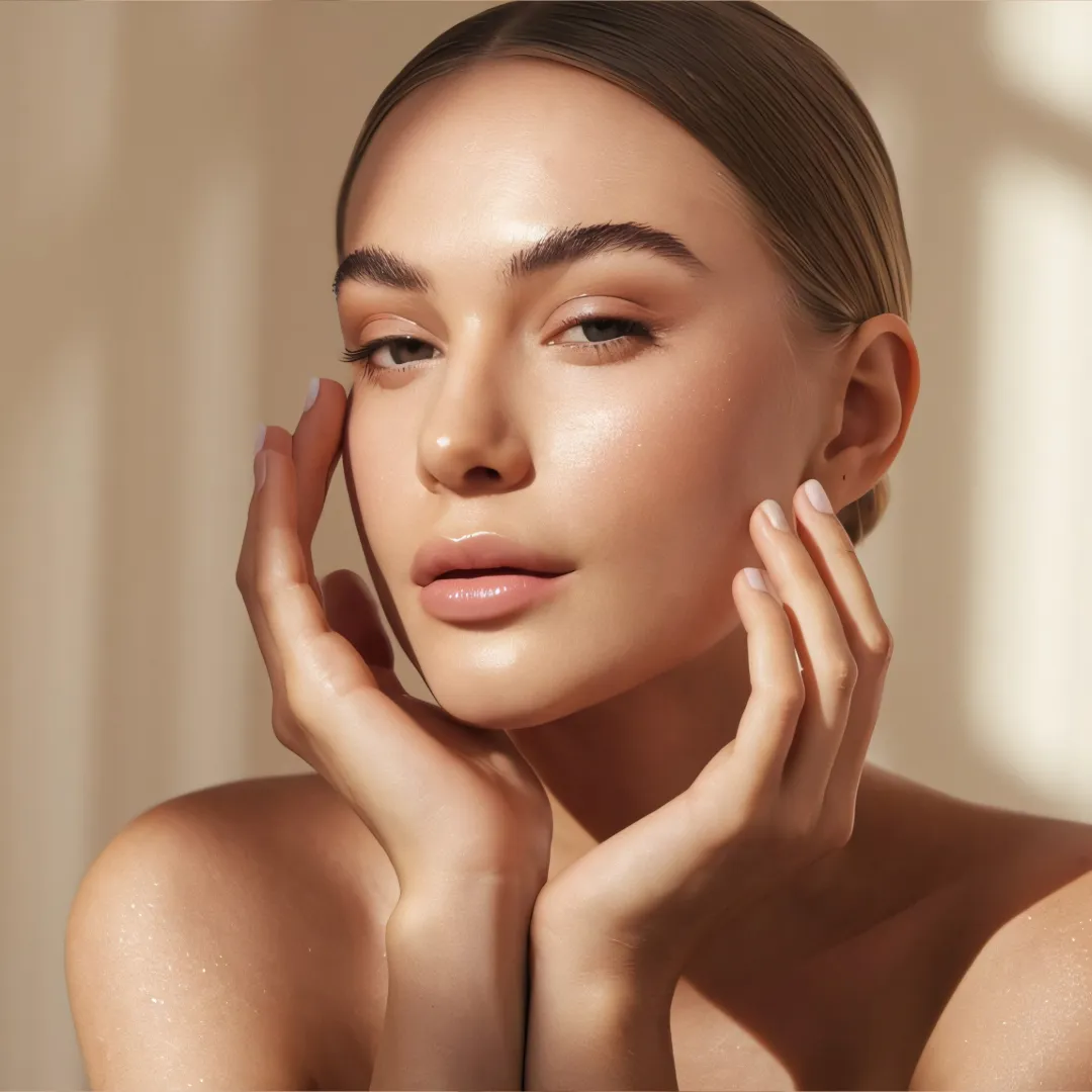 Young woman with glowing skin and natural makeup touching her face.