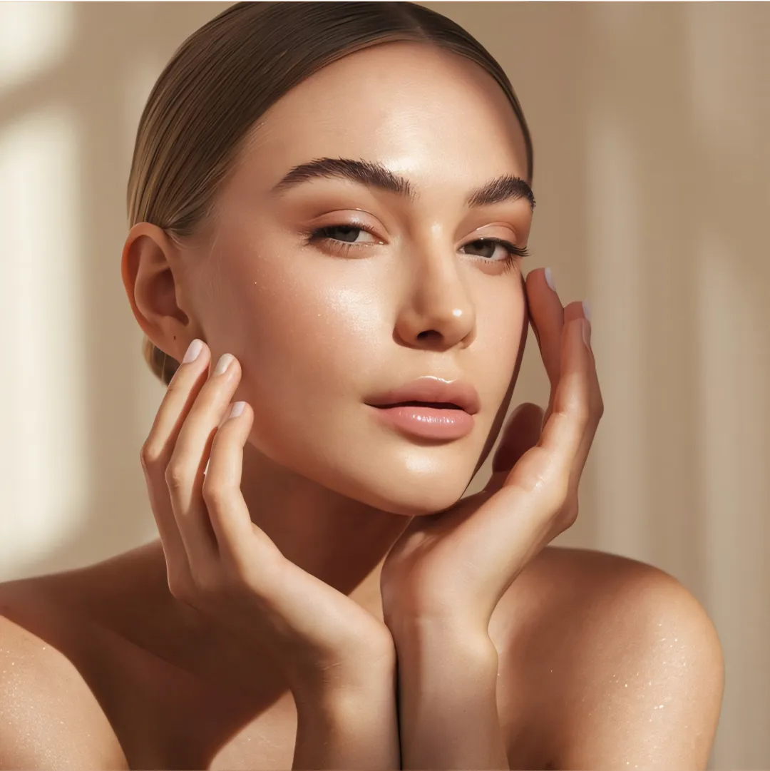 Close-up of a woman with glowing skin gently touching her face.