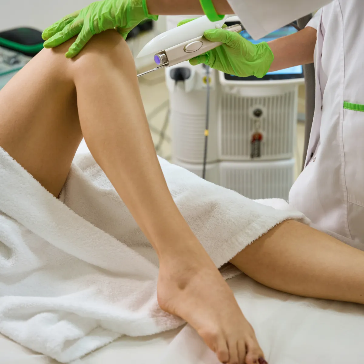 Patient receiving laser hair removal treatment on leg.