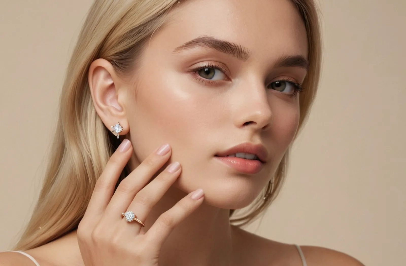 Woman wearing diamond earrings and ring, showcasing elegant jewelry against a neutral background.