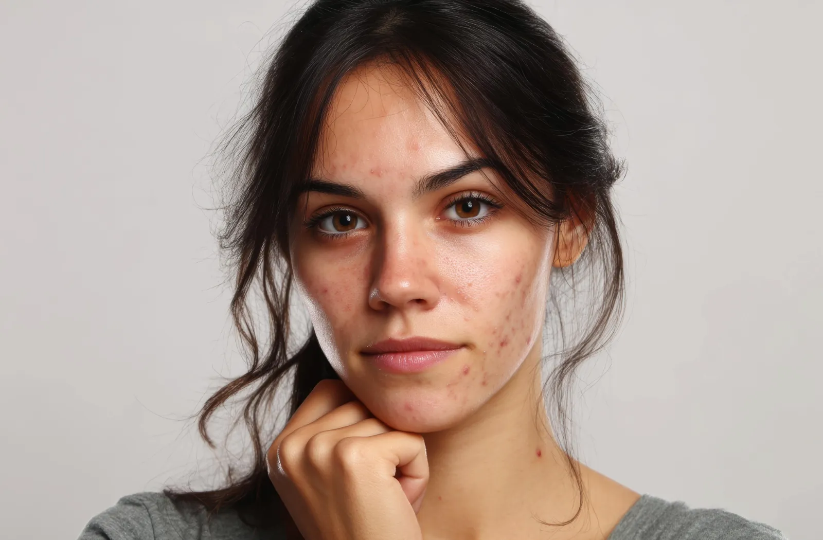 Young woman with acne-prone skin, looking contemplative.