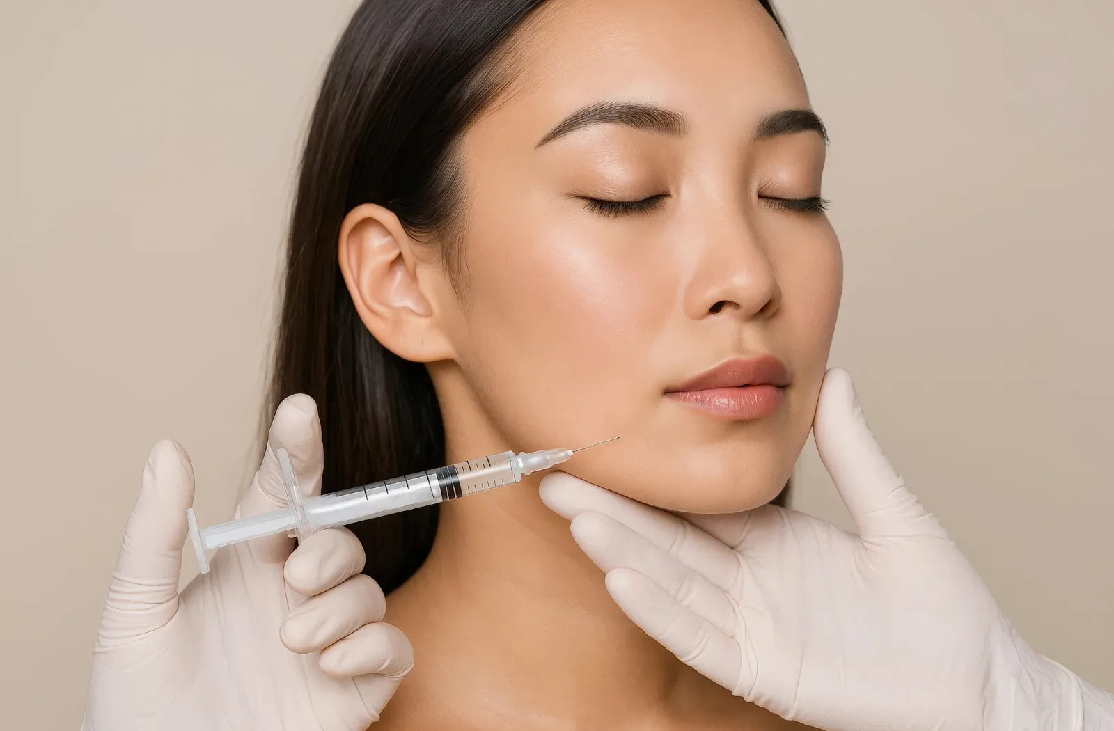 Cosmetic injection procedure on a woman's jawline.