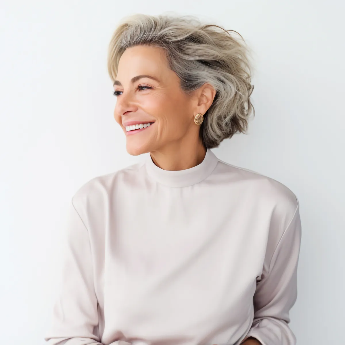 Smiling woman with short gray hair and gold earrings in a light blouse against a white background.