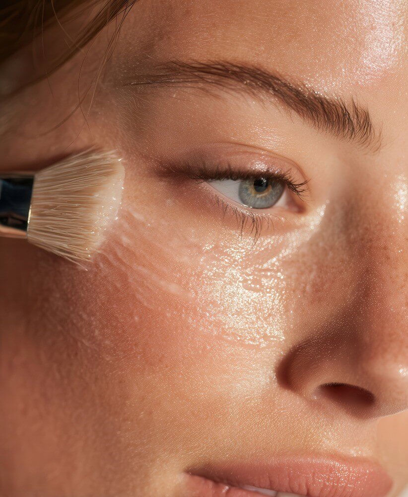 Close-up of a woman's face as a skincare brush applies a chemical peel to her cheek area, highlighting the glossy texture of the product and her clear skin.