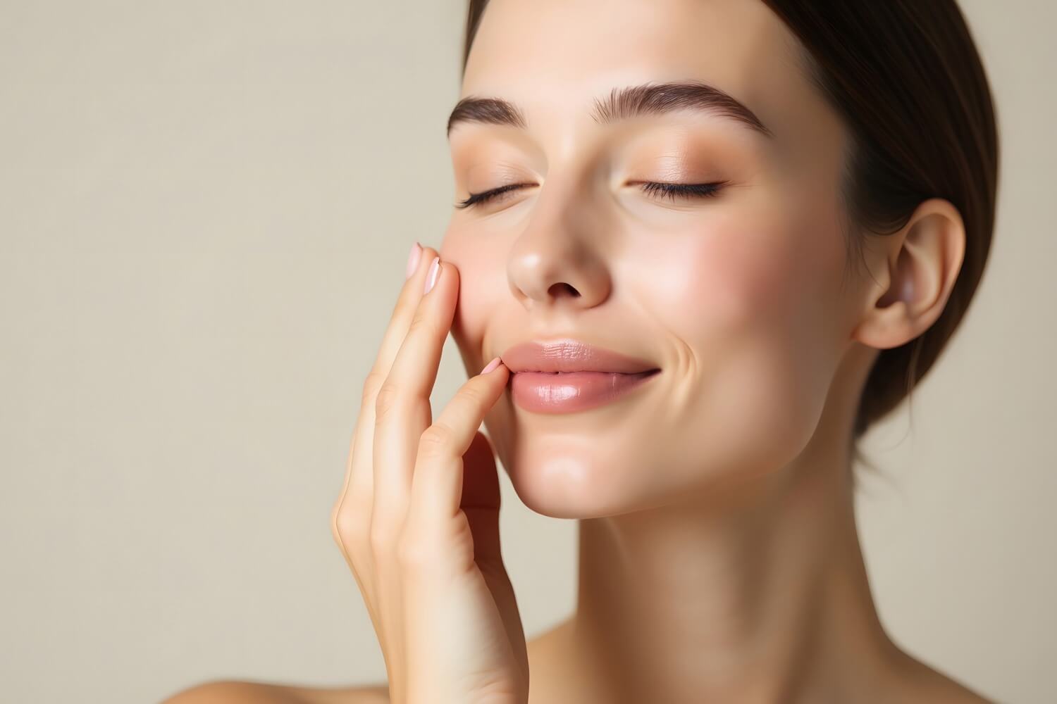 Image Alt Text Generator said:

A woman with clear, glowing skin gently touches her cheek with a content expression and closed eyes, suggesting the result of a successful chemical peel treatment.
