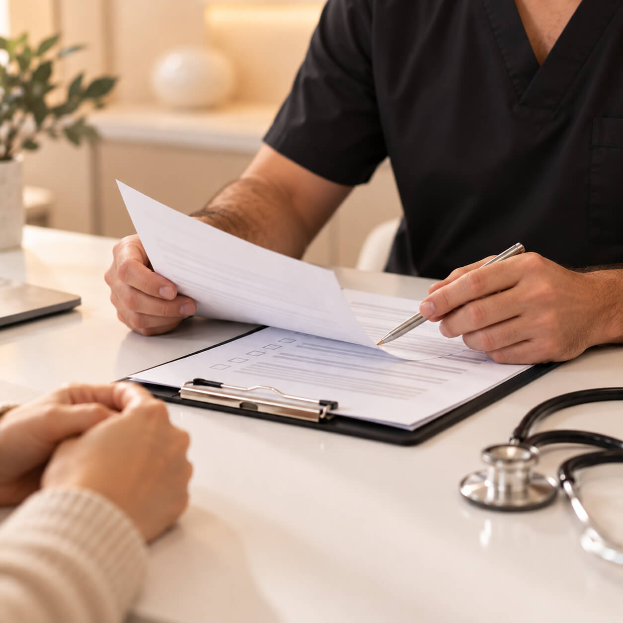 Male plastic surgeon in black scrubs reviewing a patient consent form with a pen on a clipboard, with a stethoscope beside it on a clean white desk in a warm, modern medical office.