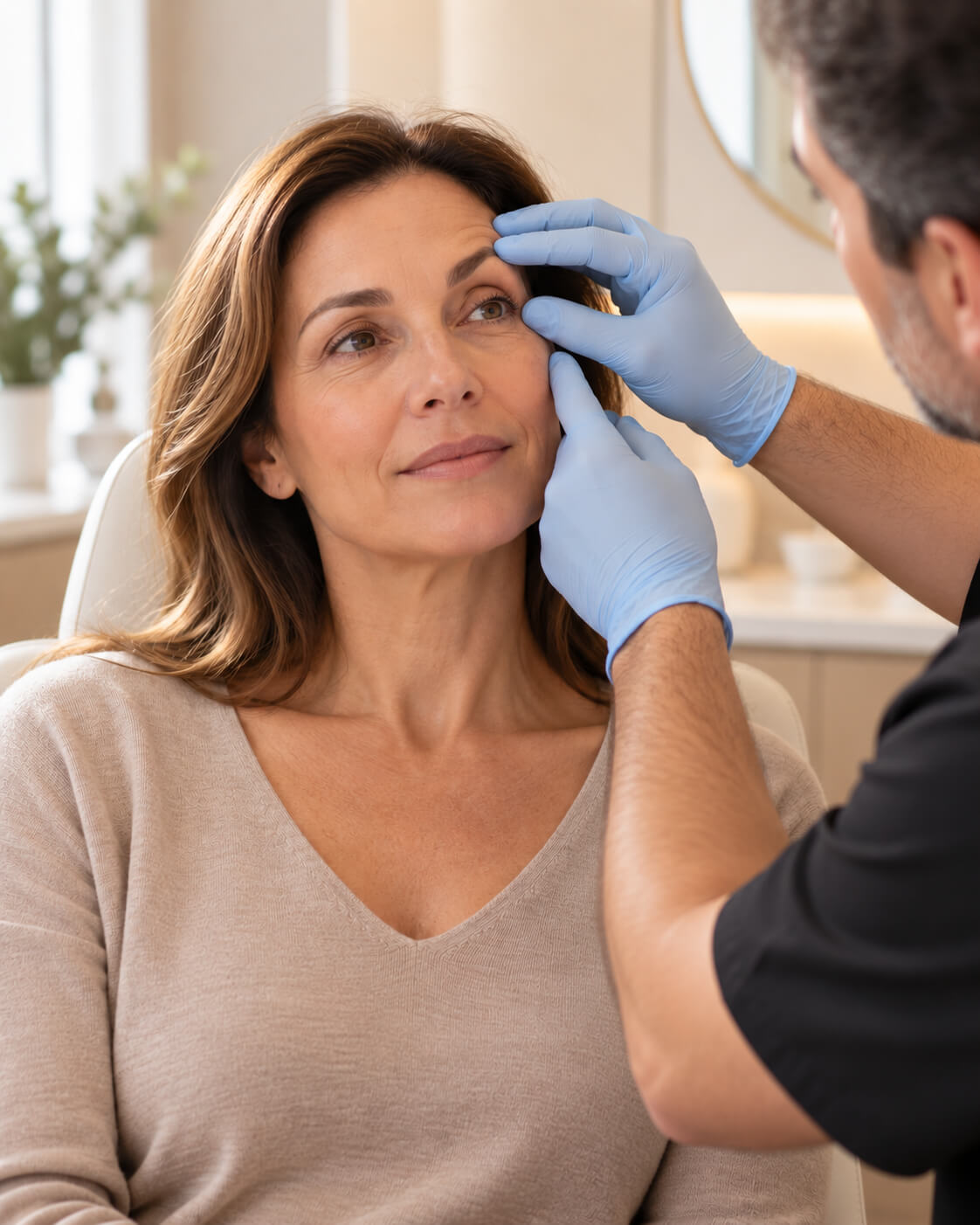 Middle-aged woman during a plastic surgery consultation as a surgeon in black scrubs gently examines the area around her upper eyelid
