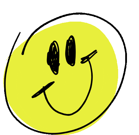 Hand-drawn yellow smiley face with black eyes and a wide curved smile on a dark olive background.