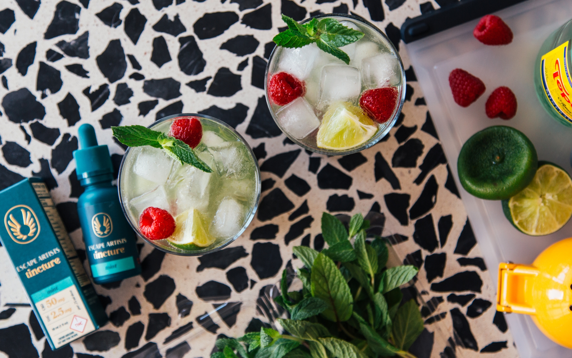 matcha mojito with raspberries