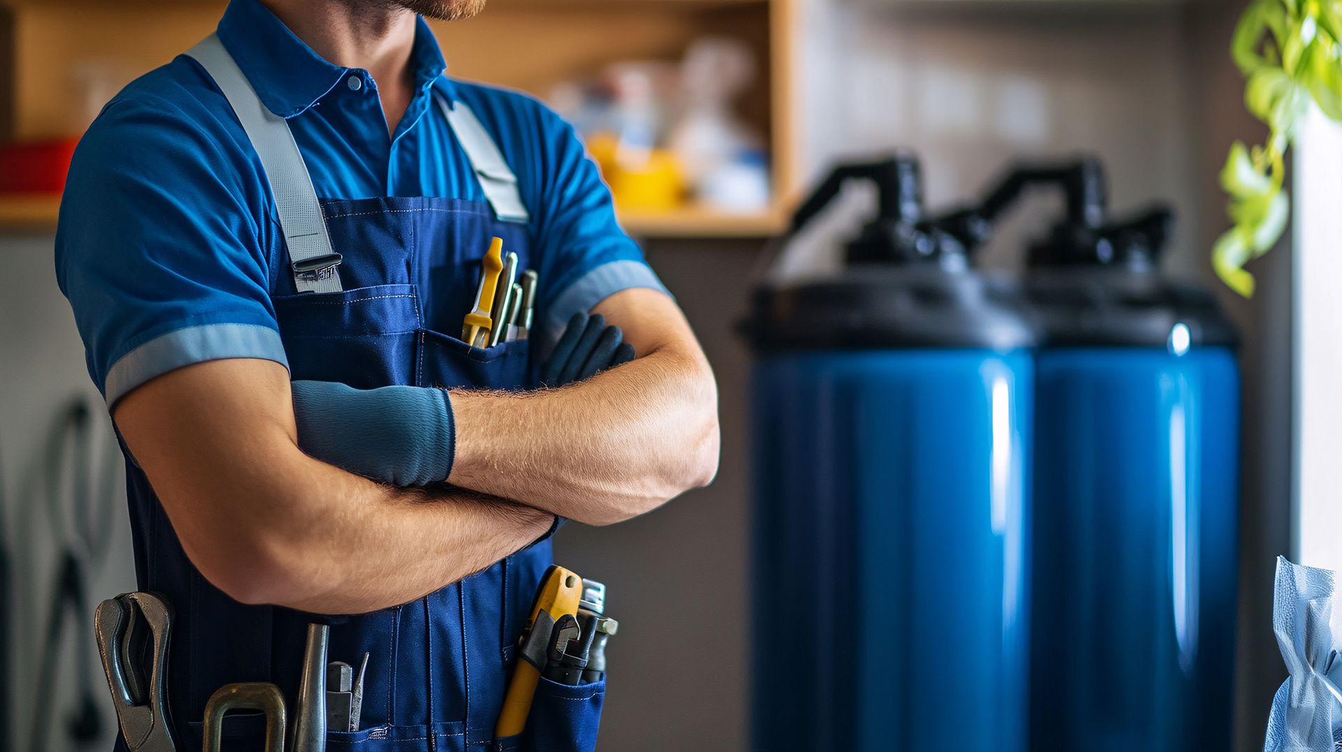 Man in blue overalls with arms crossed and tools on him