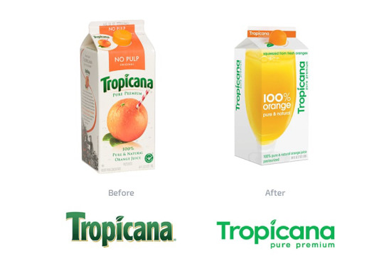 Visuel avant/après avec l'ancien logo et l'ancien packaging de tropicana à gauche. À droite, on peut voir le nouveau logo de tropicana accompagné du nouveau packaging. C'est un visuel pour l'article de heysimon qui décrypte l'affaire tropicana ou comment un rebranding raté peut faire perdre 50 millions de $