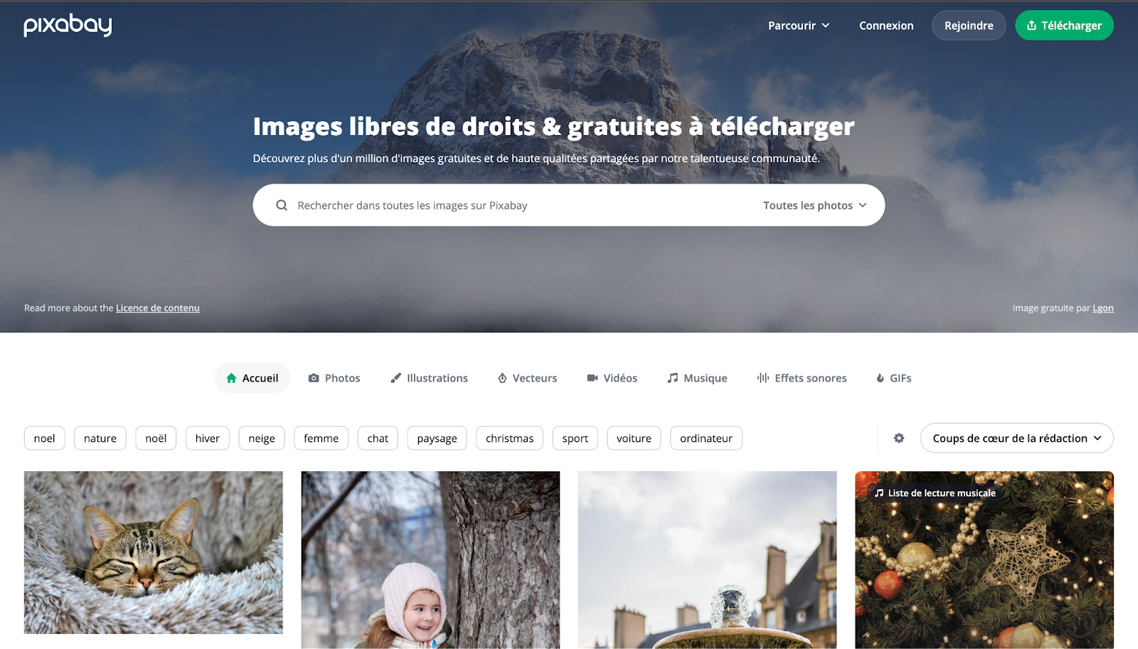Capture d'écran de la page d'accueil de Pixabay pour l'article de HeySimon au sujet des meilleures banques d'images et de photos libres de droits à utiliser dans votre communication.