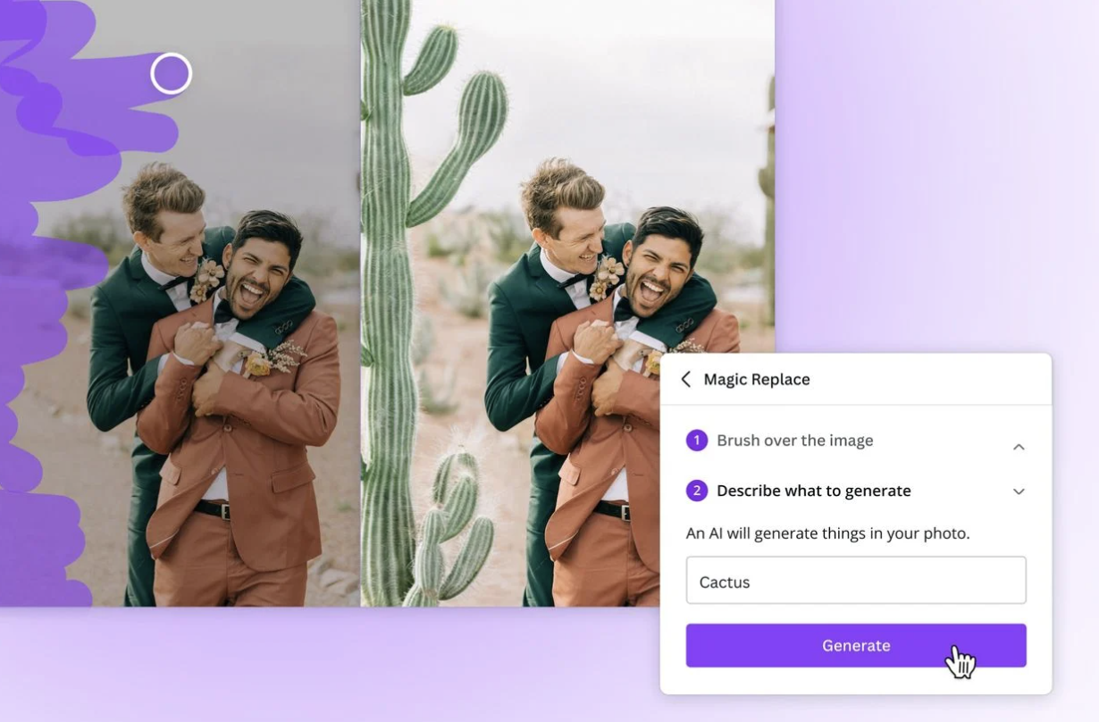Capture d'écran de l'éditeur de photo IA de Canva afin de montrer qu'il est possible de modifier une photo libre de droits. Visuel pour l'article de HeySimon à propos du Top 5 des meilleures banques d'images et photographies libres de droits.